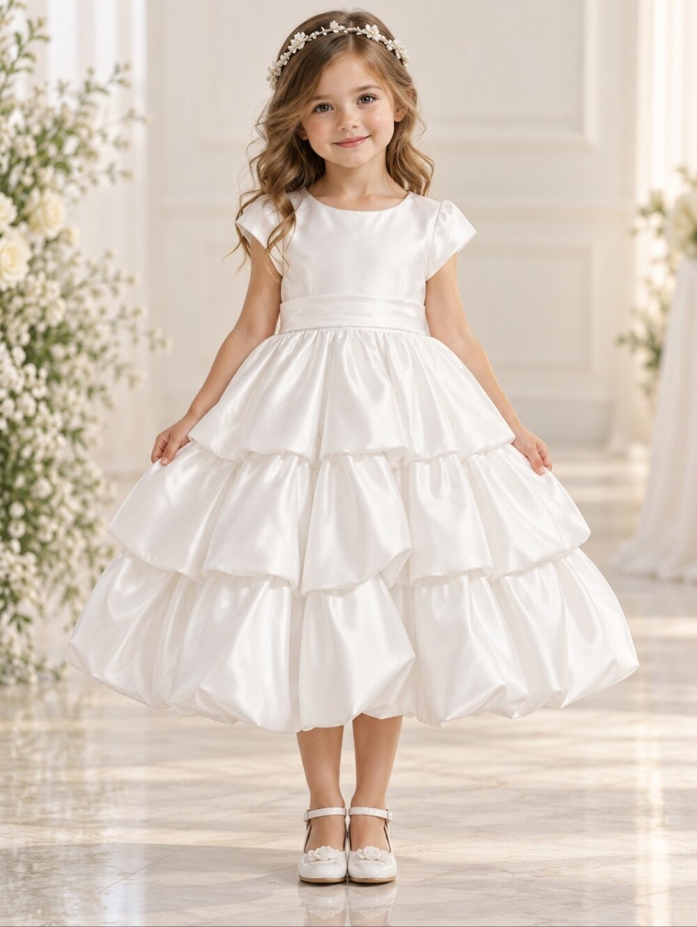 Bloom 4T White Flower Girl Wedding Pageant Princess Big Bow Layered Tulle Dress